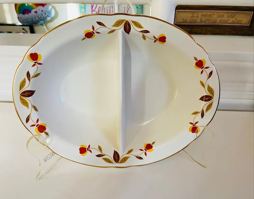 VINTAGE 1930s Hall China Mary Dunbar Autumn Leaf Divided Oval Vegetable Bowl